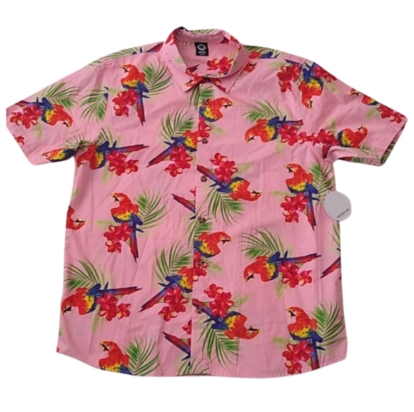Neff Aloha Hawaiian Pink Button Down Shirt with Macaws Parrots, size Large - Picture 1 of 9